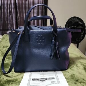 Tory Burch Navy Blue Leather Tote Bag